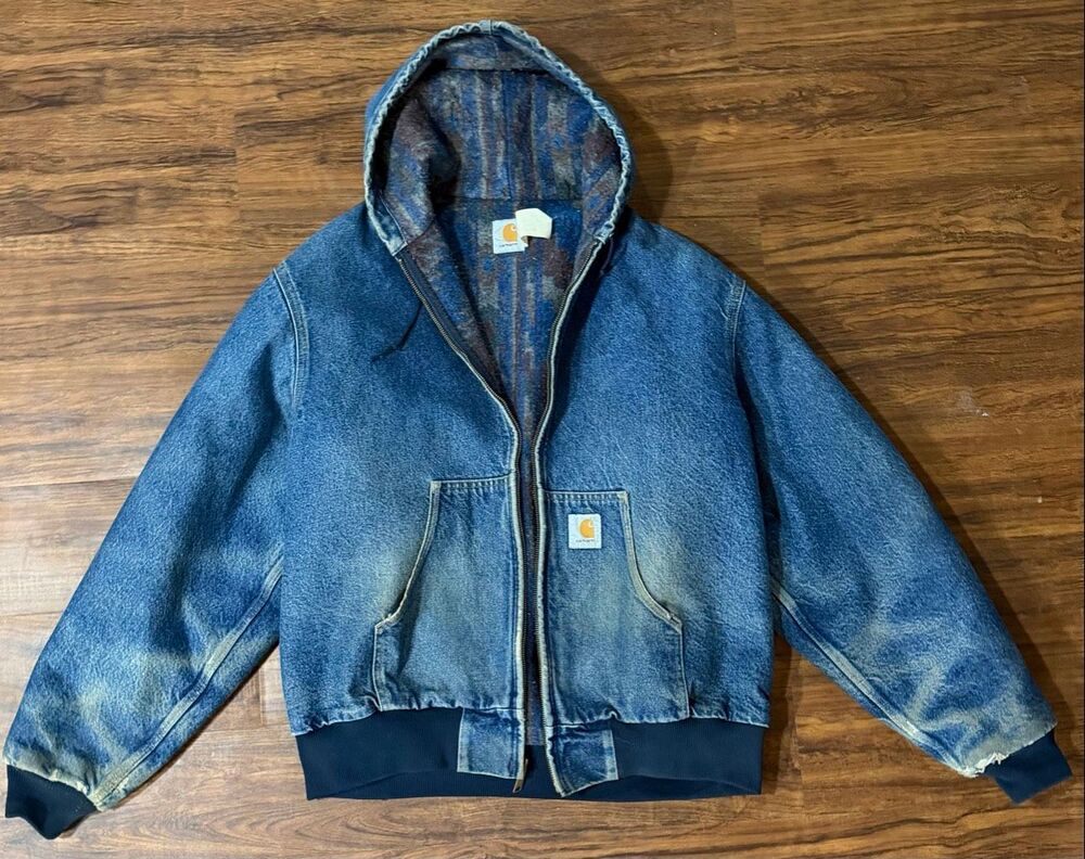 Mens Vintage USA Rare Carhartt XL Blue Denim Hooded Chore Jacket Aztec Blanket L